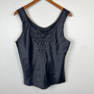 Vintage Black Satin Beaded Fairy Grunge Top Large Y2K Lace Embroidered Cami Goth